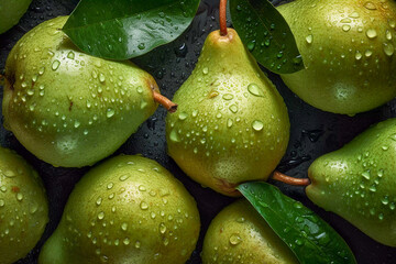 Fototapeta na wymiar Fresh Pears fruits, seamless background, visible drops of water, Generative AI
