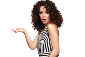 Image of happy young lady with afro curls hairstyle standing isolated over transparent background. Looking camera pointing.