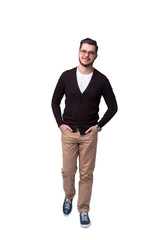 Full length portrait of a smiling casual man standing isolated on a transparent background