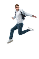 Full-length photo of funny man in casual t-shirt, blazer and jeans running or jumping in air...