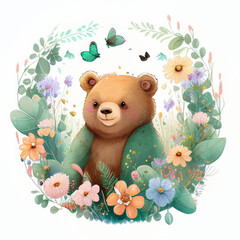 bear character among flowers Generative AI