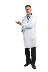 Doctor senior man, medical professional holding something in empty hand isolated over transparent...