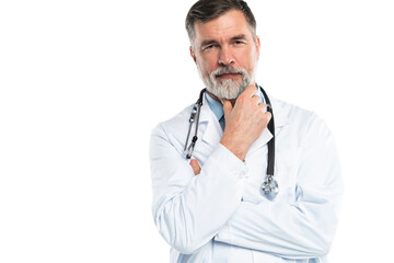 Cheerful mature doctor posing and smiling at camera, healthcare and medicine