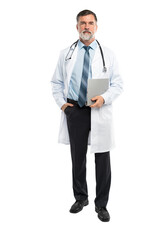 full body picture of a mature doctor holding a notepad, on transparent background