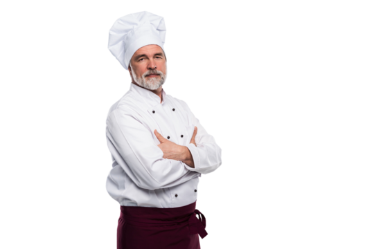 Attractive smiling cheerful chef isolated on transparent background