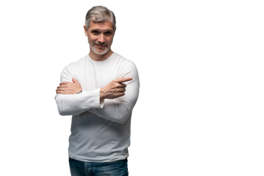 Handsome middle age senior man presenting and pointing with palm of hand looking at the camera over transparent background