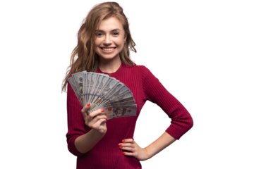Portrait of a happy satisfied girl holding bunch of money banknotes and looking at camera isolated over transparent background
