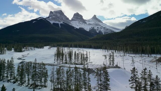 Aerial of the Three Sisters Mountains, Canmore, Alberta, Canada