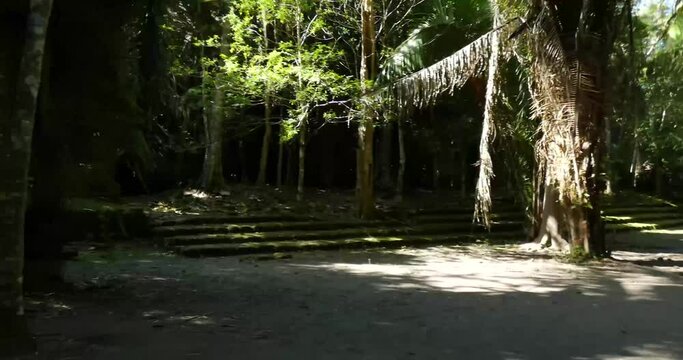 Plaza at Chacchoben, Mayan archaeological site, Quintana Roo, Mexico. Pan from right to left.