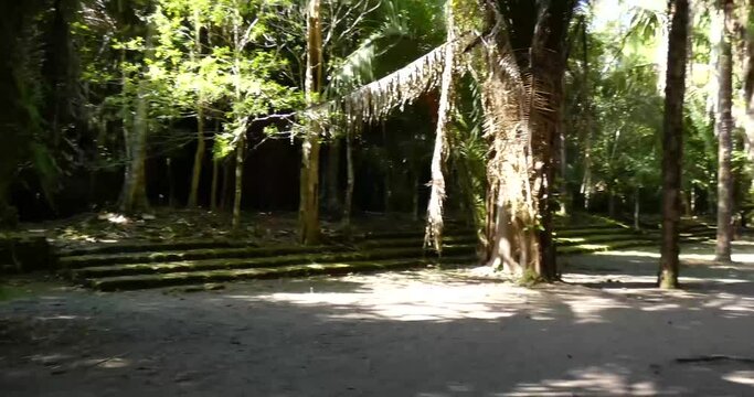 Plaza at Chacchoben, Mayan archaeological site, Quintana Roo, Mexico. Pan from left to right.