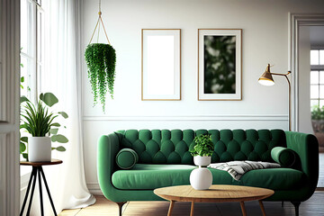 Living room with green sofa interior design. Generative ai.