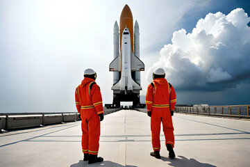 Generative AI image of two guys watch the preparation of the launching of a spaceship 