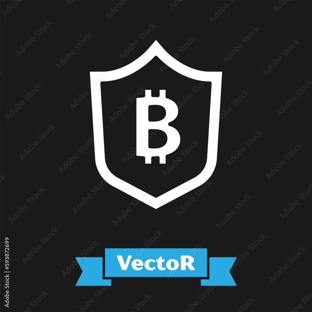 Poster white shield with bitcoin icon isolated on black background. cryptocurrency mining, blockchain techn