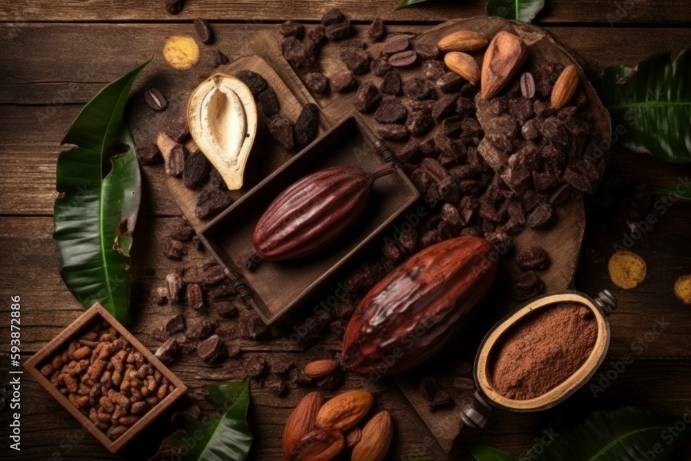 Aufkleber cocoa pod products on table. generate ai