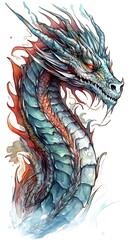 Drawn illustration of an epic red and blue dragon head with red eyes, clip art, digital art, watercolor art, white background