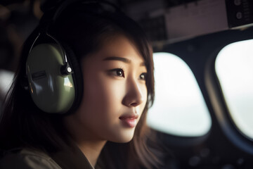 A skilled and confident female pilot takes control of an airplane, soaring through the skies with expertise and precision. generative AI