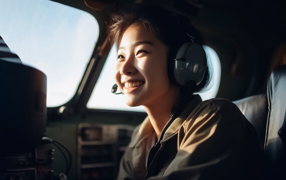 A skilled and confident female pilot takes control of an airplane, soaring through the skies with expertise and precision. generative AI