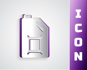 Paper cut Canister for motor machine oil icon isolated on grey background. Oil gallon. Oil change service and repair. Engine oil sign. Paper art style. Vector