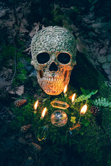 decorated human skull, crystal ball, gemstones, candles on dark forest background. magic esoteric...