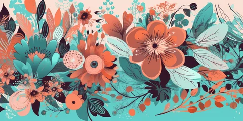 Fotobehang Modern flower design with pink, orange, cyan flowers, floral patterns, hand drawn textures, generative AI © Kien