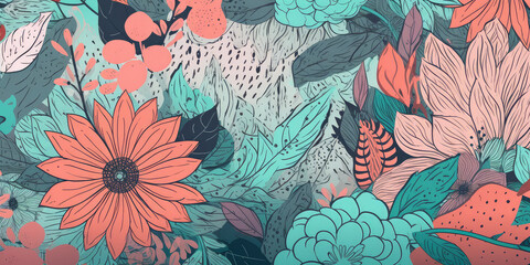 Modern flower design with pink, orange, cyan flowers, floral patterns, hand drawn textures, generative AI