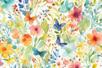 Fototapeta na wymiar Seamless watercolor flower rainbow design. Rainbows, butterflies, and adorable, vibrant spring flowers on a white backdrop. the hues yellow, coral, green, and blue, generative AI