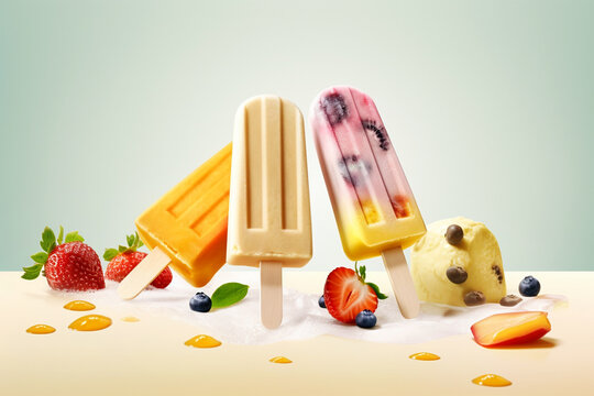 Levitating ice cream popsicles with fruit and berries on pastel background, free copyspace for text. Flying ice cream, summer dessert, frozen fruit juice. AI generated image