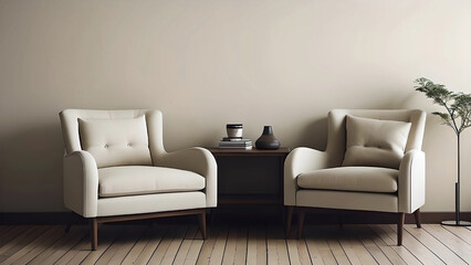 Living room beige color wall mock up in minimal modern design room with armchair illustration.