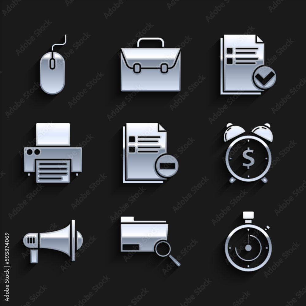 Poster set document with minus, search concept folder, briefcase, alarm clock dollar symbol, megaphone, pri