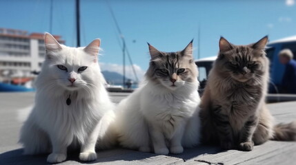 cat and dog  ,puppy and  kitten  sit on pier in harbor ,generated ai