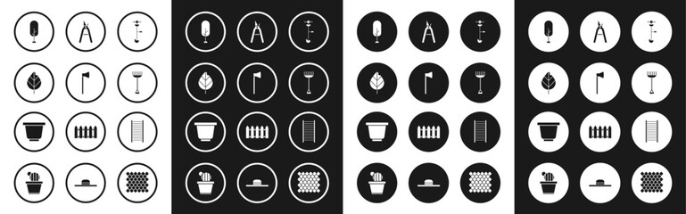 Set Grass and weed electric string trimmer, Wooden axe, Leaf, Tree, Garden rake, Gardening handmade scissors, staircase and Flower pot icon. Vector