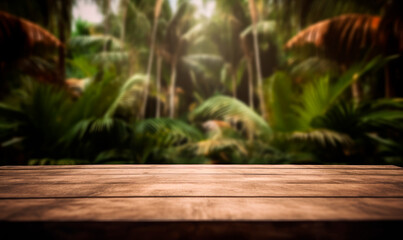 Empty wooden surface and beautiful view of blury jungle. Generative AI