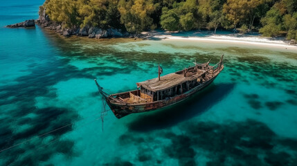 Naklejka na ściany i meble Aerial drone ultra wide panoramic photo of traditional wooden fishing boat anchored in crystal clear turquoise sea in island Generative AI