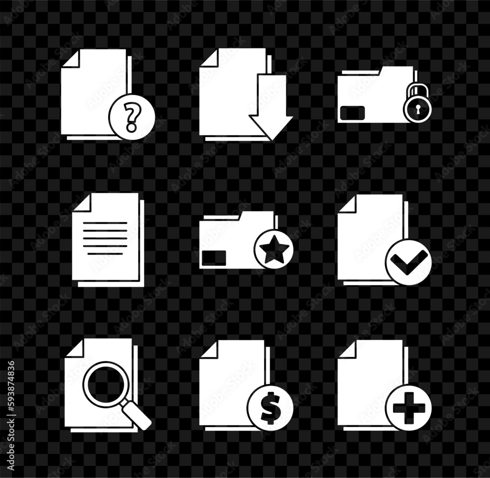 Poster set unknown document, document with download, folder and lock, search, finance, add new file, and fo