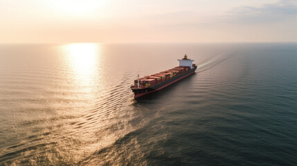 Naklejka premium Aerial panorama of a cargo ship carrying container for import and export, business logistic and transportation in open sea with copy space Generative AI