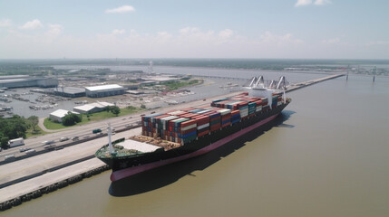 Aerial view of a large container ship being loaded at the port of Mobile  Generative AI