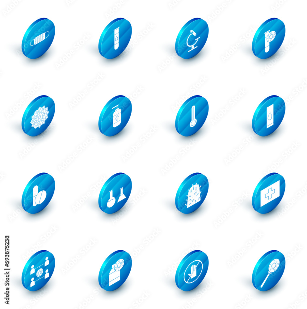 Poster set blood test and virus, microscope, test tube with, virus, medicine pill or tablet, bottle of liqu