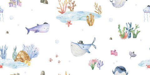 Seamless pattern with shark, fish and jellyfish. Cute baby print. Design for textiles, decor and paper. Watercolor seamless pattern with underwater world, fish, whale, shark, dolphin, starfish, jellyf
