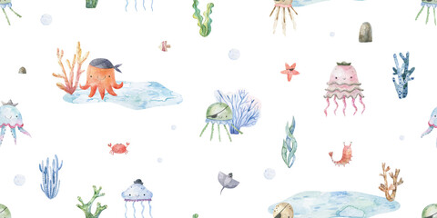 Seamless pattern with shark, fish and jellyfish. Cute baby print. Design for textiles, decor and paper. Watercolor seamless pattern with underwater world, fish, whale, shark, dolphin, starfish, jellyf