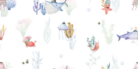 Seamless pattern with shark, fish and jellyfish. Cute baby print. Design for textiles, decor and paper. Watercolor seamless pattern with underwater world, fish, whale, shark, dolphin, starfish, jellyf