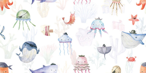 Seamless pattern with shark, fish and jellyfish. Cute baby print. Design for textiles, decor and paper. Watercolor seamless pattern with underwater world, fish, whale, shark, dolphin, starfish, jellyf