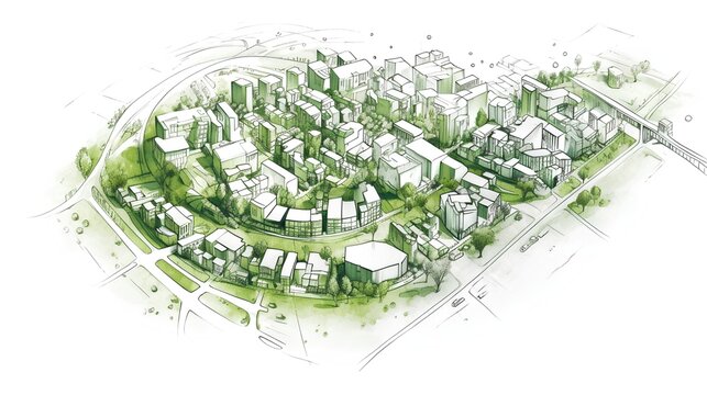 Urban planning sketch highlighting sustainable elements like green spaces, public transportation, and pedestrian zones - Generative AI