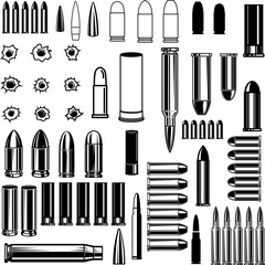 A set of illustrations of shells, bullets, and cartridges. Perfect for military, hunting, and shooting-related designs. Use them for posters, logos, t-shirts, and more. - obrazy, fototapety, plakaty
