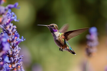 Obraz premium Beautiful hummingbird flying and eating nectar from a wild flower