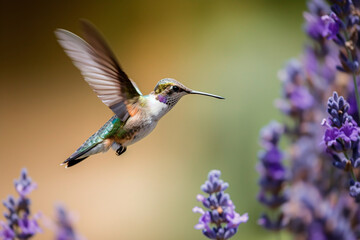 Fototapeta premium Beautiful hummingbird flying and eating nectar from a wild flower
