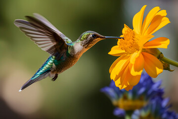 Fototapeta premium Beautiful hummingbird flying and eating nectar from a wild flower