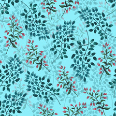 Seamless watercolor floral pattern -  green leaves and branches composition on blue background, perfect for wrappers, wallpapers, postcards, greeting cards, wedding invitations, romantic events.