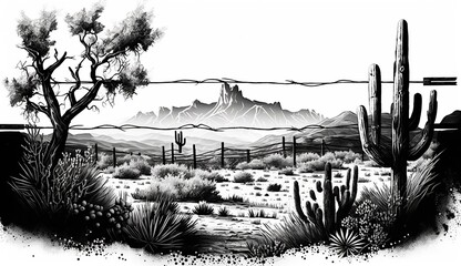 AI Generated. AI Generative. Native american western scene background with and rocks landscape. Can be used for home decoration. Wild west. Black and white. Graphic Art - obrazy, fototapety, plakaty