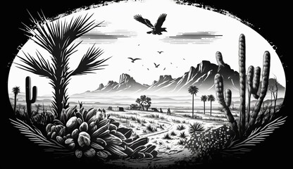AI Generated. AI Generative. Native american western scene background with and rocks landscape. Can be used for home decoration. Wild west. Black and white. Graphic Art - obrazy, fototapety, plakaty