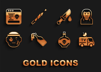 Set Cocktail molotov, Thief mask, TV News car, Poison in bottle, Bandit, Bloody knife, System bug and Marijuana joint icon. Vector
